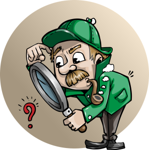 Cartoon male detective wearing a green jacket and hat, holding a magnifying glass, scratching his head while examining a red question mark.