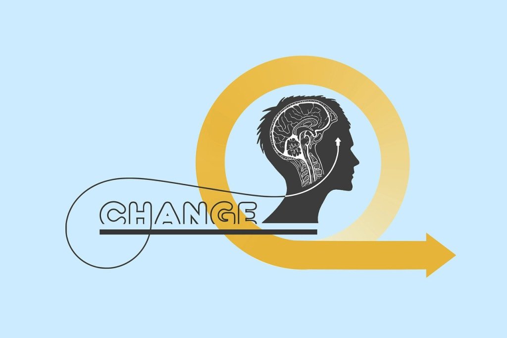 The word Change points toward a silhouetted head with a cross section overlay of the human brain. The image is encapsulated in a golden circle with an arrow pointing to the right.