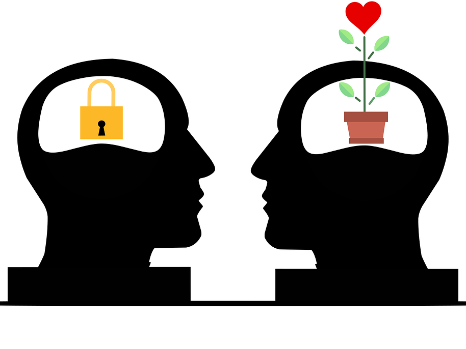 Two silhouetted head shapes face one another. One has the image of a lock in the general brain area and the other has a bloom heart/plant growing beyond the limits of the head shape.